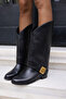 BALMİ Women's Black Genuine Leather Buckle Detail Boots - 6