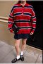 Women's Red Polo Neck Striped Oversize Knitwear Sweater - 2