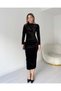 Black Long Sleeve Gathered Detail Velvet Fabric Midi Length Dress