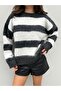 Women's Anthracite-Ecru Striped Fleece-Lined Soft Knitwear Sweater 7029 - 4