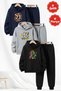 3 İplik Ş Fleece-Lined Winter Kangaroo Pocket K Hooded Print Detailed 6 Piece Boys' Tracksuit Set