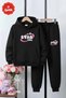 3 İplik Ş Fleece-Lined Winter Kangaroo Pocket Girl Star B Printed K Hooded Girls' Tracksuit Set