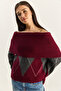 Women's Burgundy Anthracite Madonna Collar Diamond Patterned Knitwear Sweater 20251082 - 6