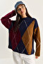 Women's Navy Blue Claret Red Argyle Sweater 20251095 - 5