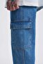 Men's Washable Cargo Pocket Pack Baggy Fit Jean Trousers Dark Blue - 3