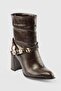Women's Leather Boots Crocodile Patterned Gold Detailed Heeled Brown Cordena - 2