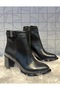 Guzzi Women's Black Zippered Belt Buckle Stone Detail Thick Heeled Style Boots - 6
