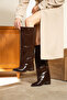 Women's XL Cut Brown Wrinkled Patent Leather Boots - 2