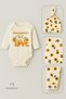 Grandma's Honey 3-Piece Newborn Set Cotton Long-Sleeve Bodysuit, Floral Bee Pattern Ribbed Pants, Beanie - 2