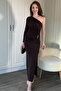 Draped Maxi Brown Dress with One Shoulder Waist Accessory Detail - 5
