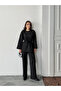 Women's Black Stone Embroidered Waist Tie Detailed Blouse Pants Bottom Top Two-Piece Set - 5