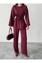 Women's Burgundy Stone Embroidered Waist Tie Detailed Blouse Pants Bottom Top Two Piece Set - 5