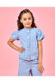 Girls Blue Denim Embroidery Puff Sleeve Blouse
