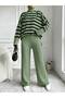 Women's Green Color Comfortable Cut Striped Turtleneck Knitwear Set