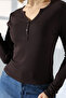 Buttoned V-Neck Long Sleeve Cotton Basic Women's T-Shirt 21926 Brown - 2