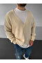Beige Buttoned Premium Oversized Knitwear Knitted Cardigan - 4