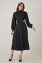 Women's Stretchy Crepe Fabric Detachable Gold Brooch Long Sleeve Midi Length Flared Cut Black Dress 77155 - 5