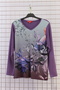 Women's Plus Size Purple V-Neck Digital Floral Printed Stone Embroidered Long Sleeve L Stretch Fabric Mother Combed Cotton Blouse - 4