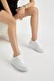 Women's White Thick Faylon Sole Plain Patterned Lace-Up Sports Shoes - 3