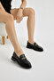Women's Black Leather Thick Poly Sole Casual Loafer with Chain Accessories - 3