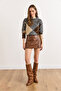 Women's Tan Mini Slit Mini Faux Leather Skirt with Shorts Etk-19000375 - 2