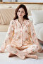 Rose Pattern Lapel Neck Button Top High Waist Home Lounge Sleepwear Pajama Set - 4