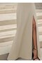 Women's Long Sleeve Madonna Collar Slit Detail Long Imported Crepe Dress - 3