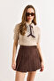 Women's Brown Lined Pleated Mini Skirt with Shorts Etk-19000374 - 4