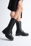 Women's Genuine Leather Zippered Lace-Up Boots - Black - 4
