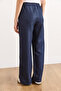 Women's Navy Blue Belted Pocketed Wool Effect Wide Leg Winter Trousers Pnt-19000383 - 2