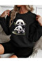 Pandas Print Detailed Crew Neck Sweatshirt