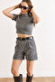 Women's Gray Leg-Folded Pocketed Cashmere Shorts Shrt-19000081 - 5