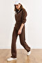 Women's Brown Piped Detail Fleece-Lined Tracksuit Set Etkm-0000091