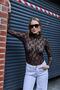 Women's Mock Neck See-Through Long Sleeve Lace Blouse Brown