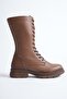Women's genuine leather zippered lace-up combat boots - walnut