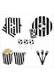 Fan Black and White Set: 8 Plates, 8 Cups, 8 Corn Boxes, 10 Napkins, 10 Forks, 10 Toothpicks