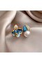 Blue Enamel Flower and Pearl Detailed Asymmetric Earrings - 2