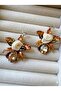 Copper Color Metallic Orchid and Cream Rose Motif Crystal Earrings - 2