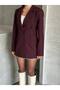 Women's Burgundy Button Detailed Blazer Jacket - 2