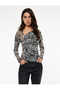 Long Sleeve Asymmetric Collar Leopard Print Transparent Tulle Blouse - 2