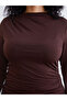 Brown Plus Size Mock Neck Drawstring Women's Bodysuit - 3