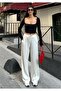 Women's Ecru Ribbed Detailed Soft Modal Textured Straight Cut Trousers - 2