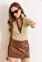 Women's Beige Coffee Collar Detailed Buttoned Corded Fabric Stretchy Blouse Blz-19003181 - 6