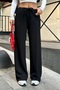 Women's Black Ribbed Detailed Soft Modal Textured Straight Cut Trousers