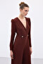 Double-Breasted Ornamental Stone Crepe Jumpsuit - Claret Red - 4