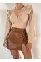 Women's Fabric Specific Shoulder Ruffled V-Neck Flexible Knitted Fabric Bluz - 6