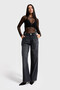 Women's Smoked Color 2W5-1 Wide Leg Fit Loose Fit 100% Cotton Belt Detailed Denim Jean