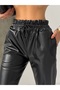 Women's Black Waist Drawstring Belt Elastic Leather Pants - 6