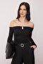 Siyah Fitted/Vücuda Oturan Aksesuar Detaylı Esnek Örme Bluz TWOAW26BZ00356