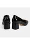 Women's Black Patent Leather Heeled Shoes with Metal Buckle Accessories - 8